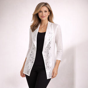 Chico’s Travelers White Lace Open Front Travel Jacket Wrinkle Resistant Size L